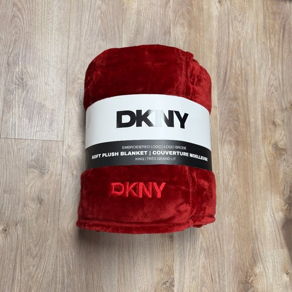 DKNY Red King Soft Plush Fleece Blanket Comforter Bedding Embroidered Logo - Picture 2 of 10